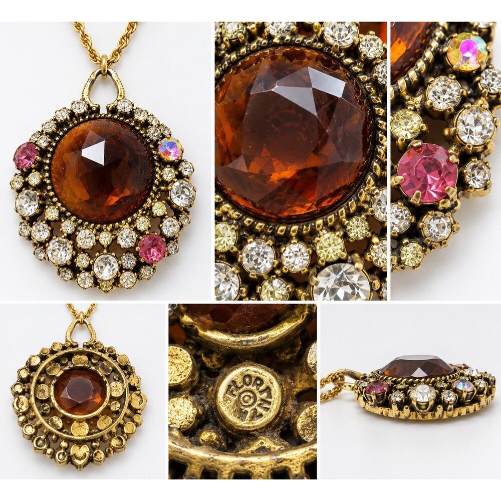 Vintage Florenza Rhinestone PendantNecklace Large Amber Glass 18"